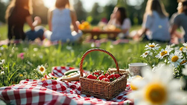 A cheerful picnic scene with a basket of strawberries and flowers.