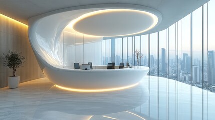 Obraz premium Modern Futuristic Office Reception Design with City View