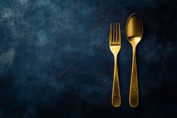 Golden Utensils on Dark Blue Background