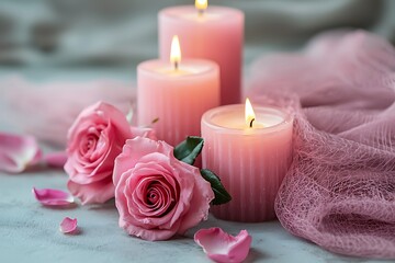 Romantic Still Life Pink Roses and Burning Candles.