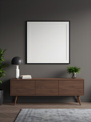 Minimalist interior mockup with blank frame. Empty frame wall poster mockup. Interior mockup with modern design. Contemporary interior scene