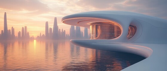 Futuristic Seascape: A Modern Architectural Marvel at Sunset