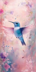 Hummingbird Symphony: A hummingbird dances amidst a cascade of music notes and blossoms, its wings a blur against a soft, pastel backdrop. A dreamlike scene, it evokes a feeling of serenity and joy.