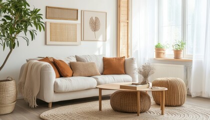 Fototapeta premium Serene Living Room Interior Design Beige Sofa with Natural Decor and Woven Poufs