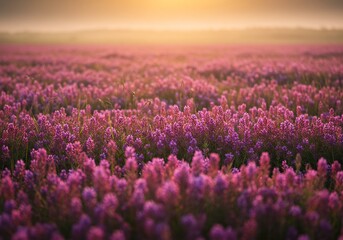 Obraz premium 穏やかな朝焼け 紫色花畑 広がる幻想的風景