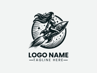 Woman Riding Rocket Confident Expression Vector Logo Design