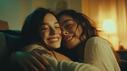 Fototapeta premium Smiling Mother Hugging Teen Daughter Cozy Home Atmosp