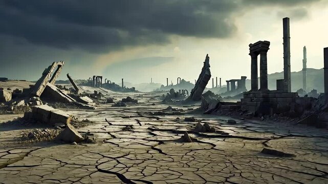 Cracked dry earth and destroyed buildings in dark post-apocalyptic barren wasteland