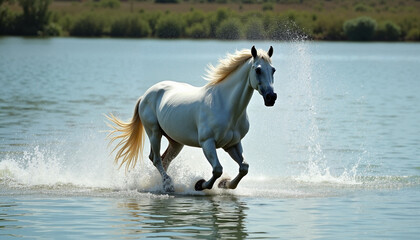 White horse splashing joyfully in a calm lake  