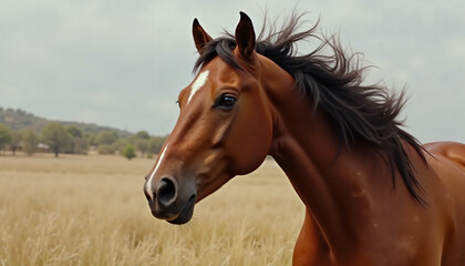 Fototapeta premium Majestic horse running freely in a golden grass field, Horses mid-gallop, Grand National horse race 