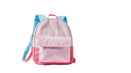 Pink and red backpack with blue straps isolated on transparent background
