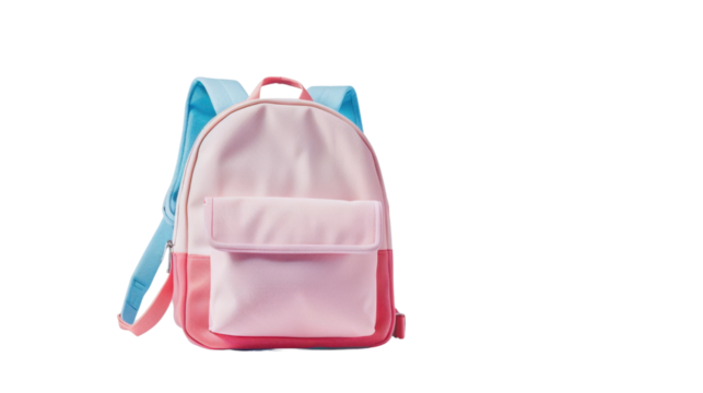 Pink and red backpack with blue straps isolated on transparent background