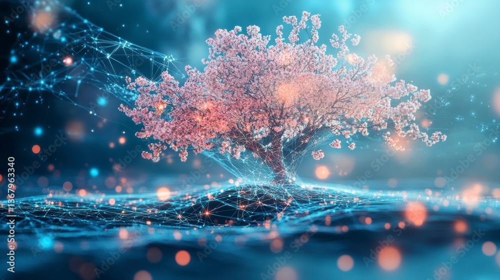 Poster digital art of a blossoming tree with glowing network connections.