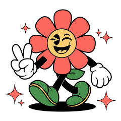 Cheerful cartoon flower character with petals as head, winking and showing peace sign, in retro vector style