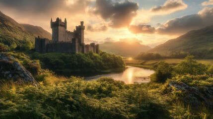 Majestic sunset over ancient castle scenic mountain valley digital art serene landscape wide view historical fantasy