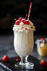 A delectable milkshake adorned with whipped cream and cherries, evoking joy and indulgence.