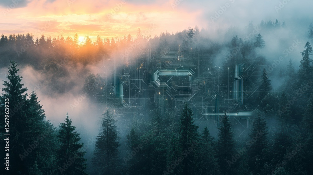 Poster ai network visualized as glowing lines in a misty mountain forest at sunset.