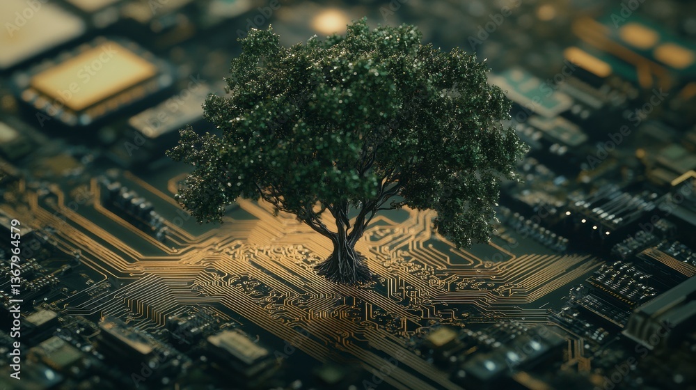 Poster a lush green tree thriving amidst intricate circuitry of a computer motherboard, symbolizing sustain