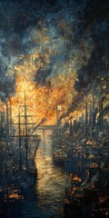 Fototapeta premium Industrial city by a waterway with tall ships.