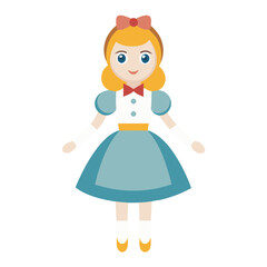 A cute cartoon girl in a blue dress with a white blouse, red bow, and blonde hair, standing with a friendly smile