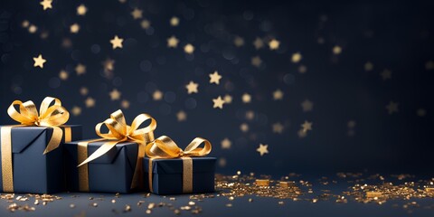 Credible blue background with star-shaped gift boxes and golden ribbons, suitable for Christmas or other special events. The background i