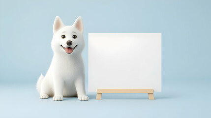 White, cute dog with a blank whiteboard on a light blue background