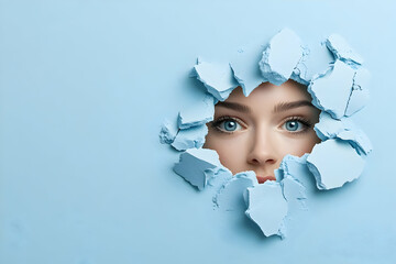 Woman's face peering through a hole in a light blue background