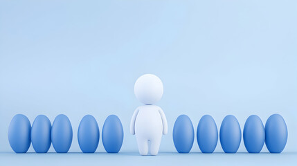 White figure stands out amidst blue eggs on light blue background, minimal design