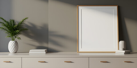 Minimalist interior mockup with blank frame. Empty frame wall poster mockup. Interior mockup with modern design. Contemporary interior scene