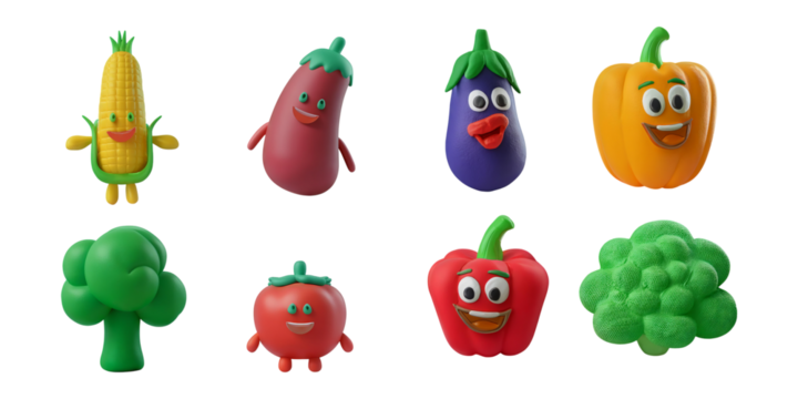 Cute Cartoon Vegetables with Smiling Faces for Fun Designs, isolated on transparent background