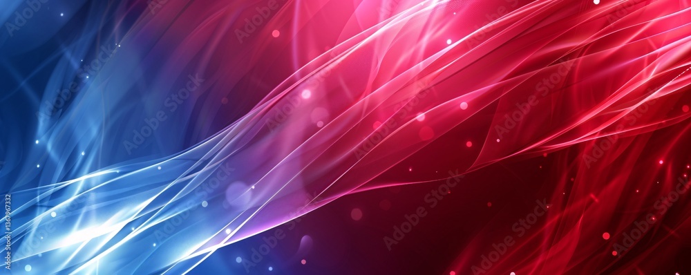 Poster abstract background with red and blue particles flowing and glowing