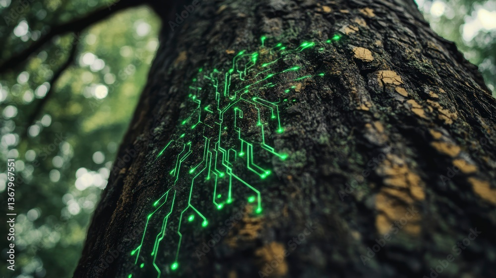 Aufkleber Glowing green circuit board pattern on a tree trunk in a forest.