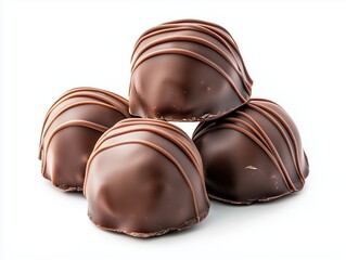 Fototapeta premium Group of four smooth chocolate truffles with elegant drizzle, isolated on white background, close-up of gourmet sweets