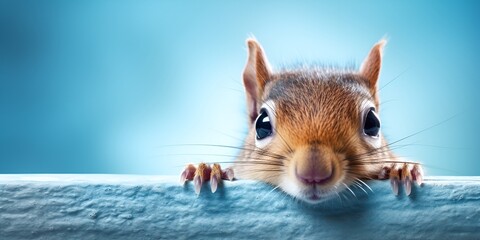 Cute squirrel peeking around a blue wall, with big eyes and a blue background. bokeh background