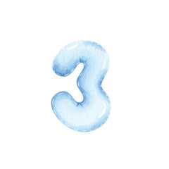 Blue number three. Watercolor balloon for celebrations, children's party, birthday, any important event, decoration, banner. Hand drawn, isolated on a white background.