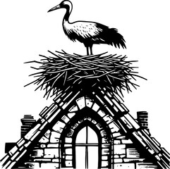 Stork on Nest Above Old Building. Classic black and white vector image of a stork resting in its nest atop a historic stone structure.