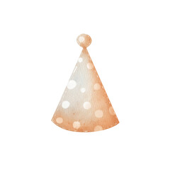 Festive orange hat with white circles, hand drawing in watercolor. Isolated on a white background. Element of holiday, celebration, birthday. For design, print, cards
