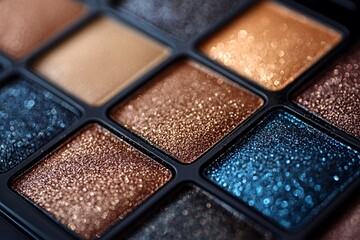 Fototapeta premium Close-up of a brown eyeshadow palette with shimmering shades, highlighting texture and color variety