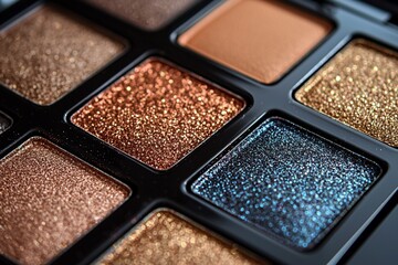 Fototapeta premium Close-up of a brown eyeshadow palette with shimmering shades, highlighting texture and color variety