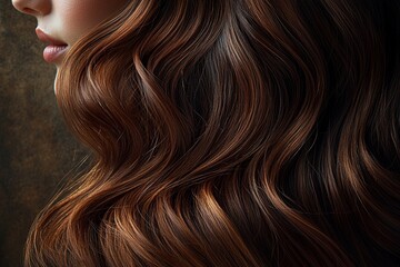 Fototapeta premium Flowing locks of rich, brown hair cascade smoothly, shining under soft light, highlighting texture and natural beauty