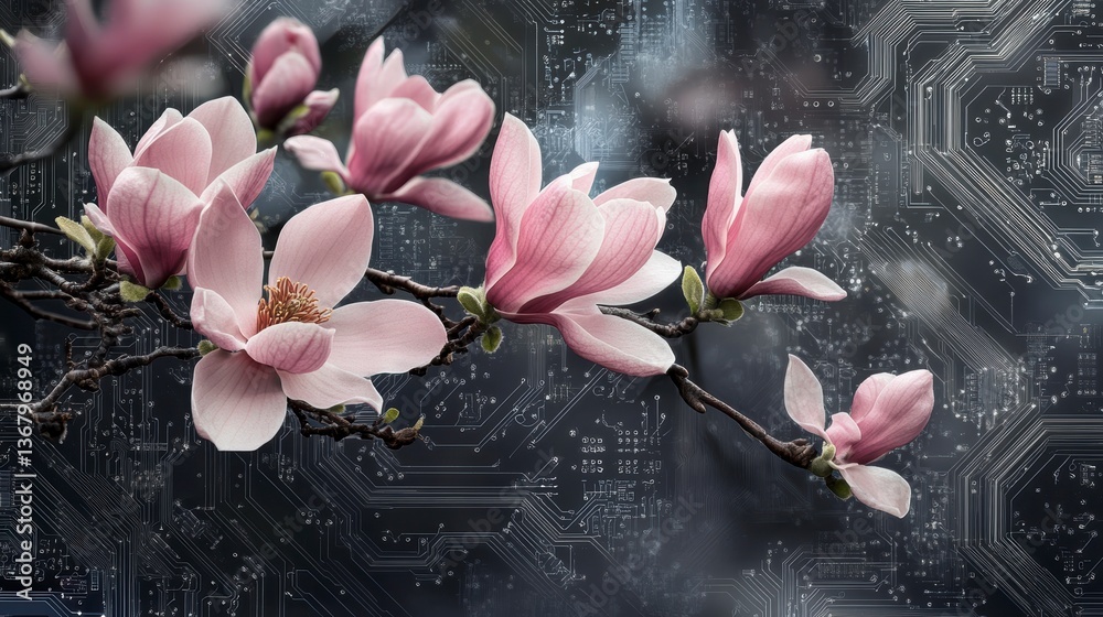 Poster pink magnolia blossoms on a branch against a technological circuit board background.