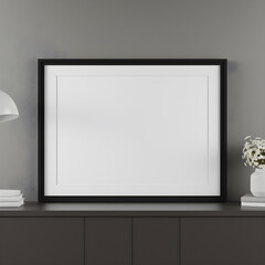 Minimalist interior mockup with blank frame. Empty frame wall poster mockup. Interior mockup with modern design. Contemporary interior scene