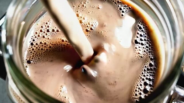 A thick chocolate protein shake is being poured into a glass jar, surrounded by bananas, oats, protein powder, and a dumbbell, creating a perfect post-workout nutrition scene.