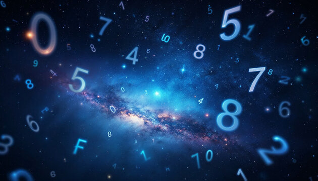 Numbers and letters floating on a galaxy background