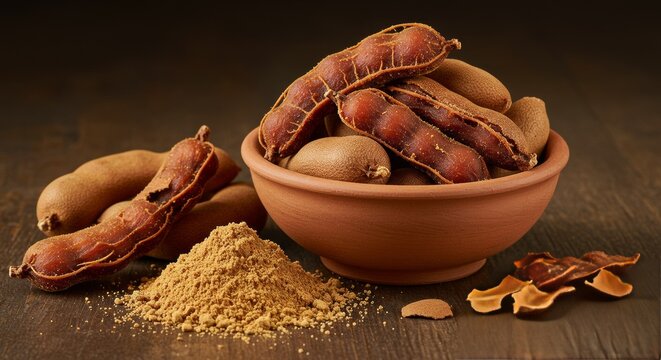 Tamarind Still Life: Exotic Fruit in Bowl with Powdered Spice Presentation