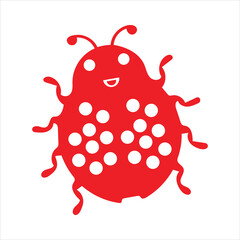 Cute cartoon ladybug sitting on a red strawberry with green leaves on a white background