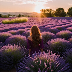 Woman in a purple dress stands in a vast lavender field during sunset, embracing nature and tranquility. Her long hair cascades down her back as she enjoys the serene moment.