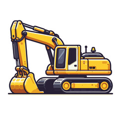Vector illustration of yellow excavator with bucket. Ideal for construction equipment catalogs, heavy machinery guides, and earthmoving operation resources.