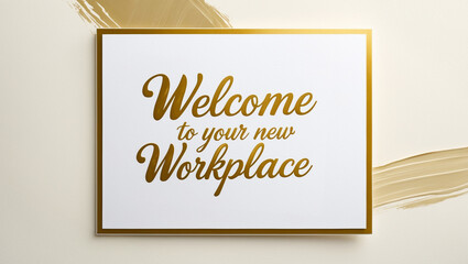 Workplace Welcome card with golden border placed on light creamy  brushstroke background with a golden, cursive message that reads Welcome to your new workplace in a elegant font with subtle texture