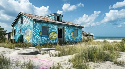 Obraz premium Abandoned beach house with vibrant murals
